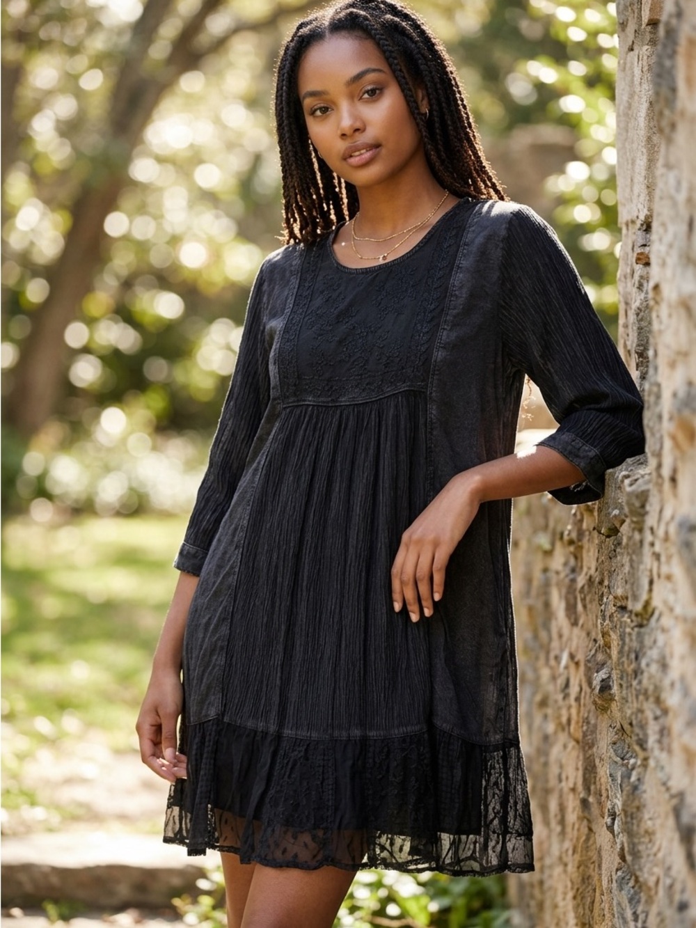 Black Lace-Trim Mini Dress - Women's Elegant Everyday Dress